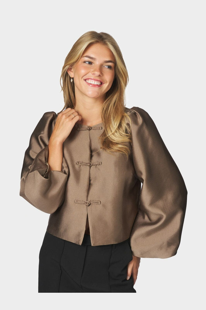 Neo Noir - Daliska Mandarin Satin Blouse 171187 - 811 - Dark Taupe