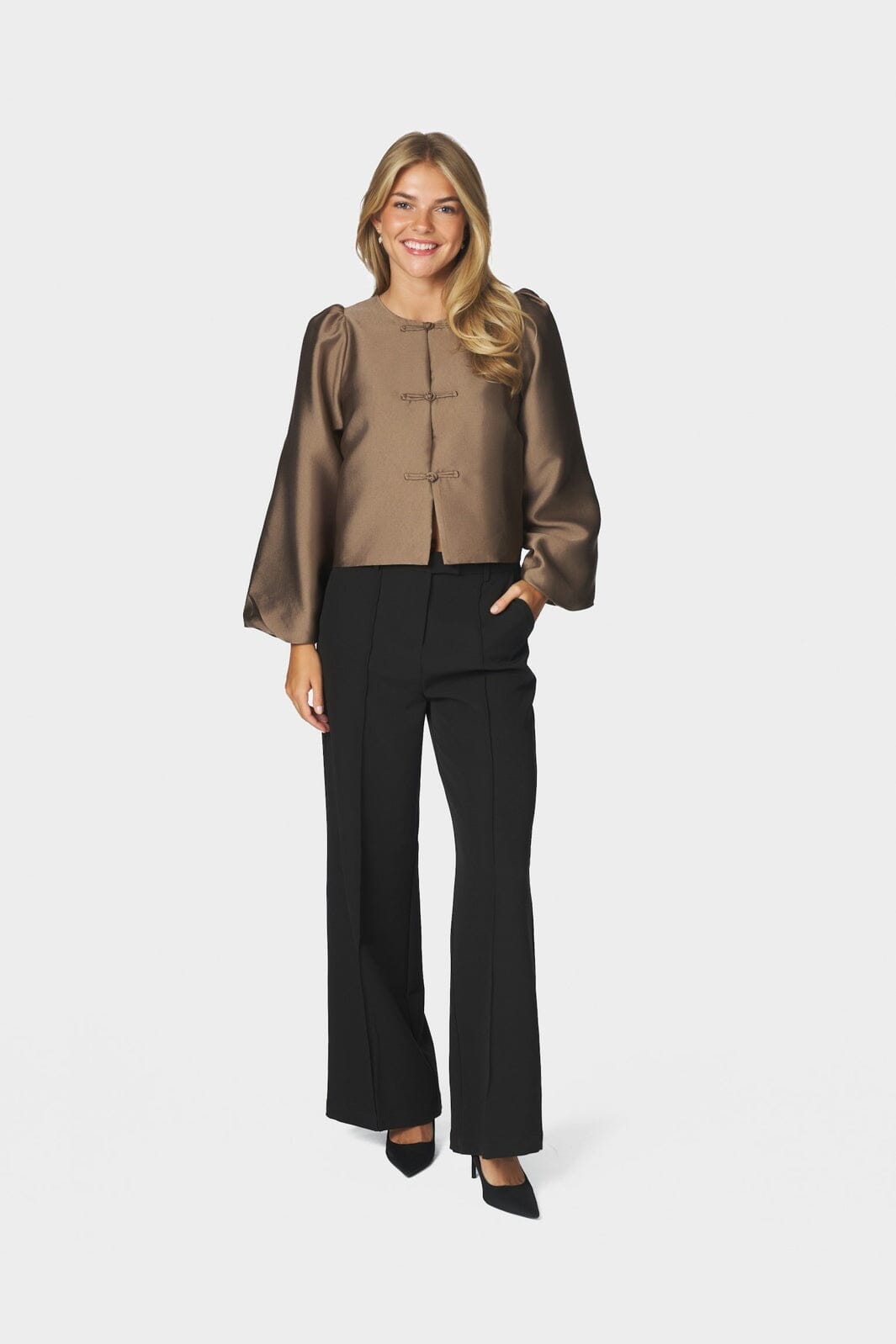 Neo Noir - Daliska Mandarin Satin Blouse 171187 - 811 - Dark Taupe