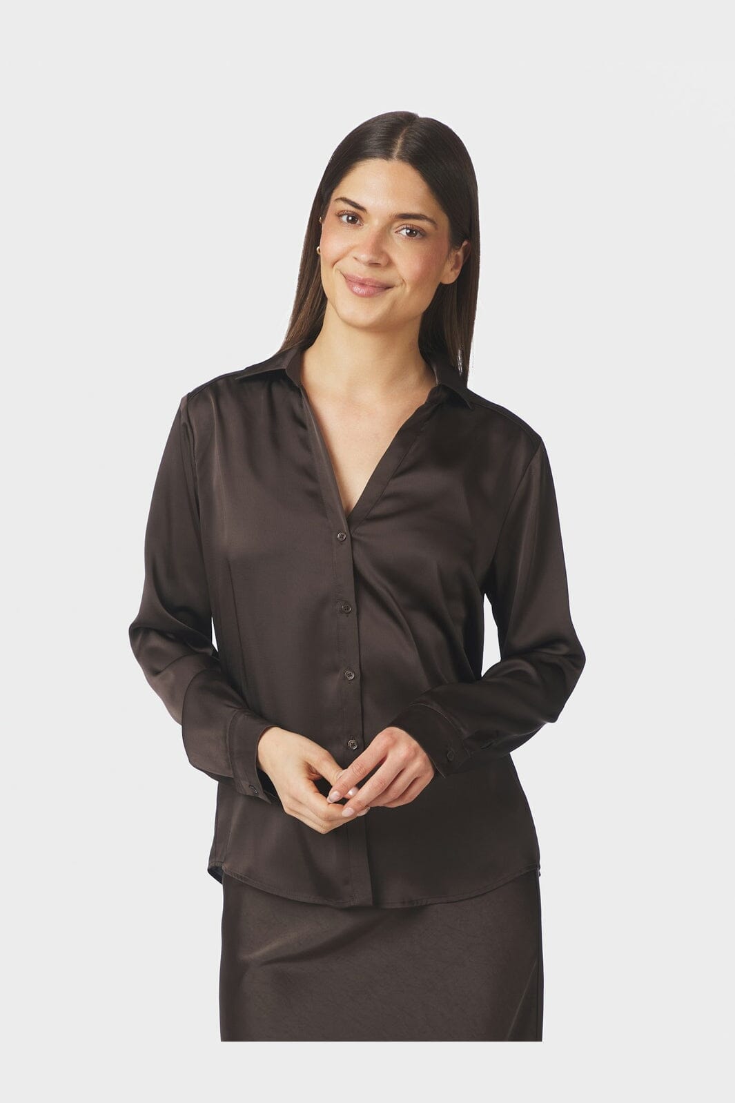 Neo Noir - Hazelle Drapy Satin Shirt 168949 - 676 - Dark Brown
