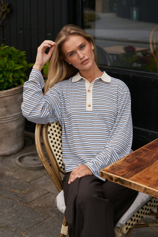 Neo Noir - Lirenne Striped Polo Blouse 169606 - 145 - Light Blue Bluser 