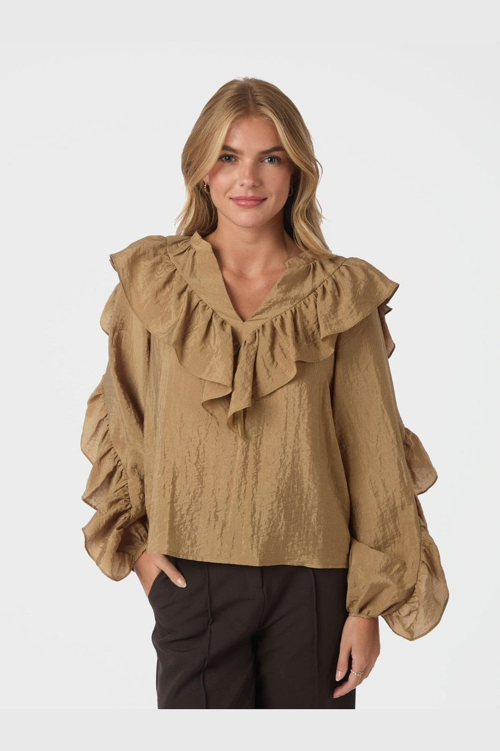Neo Noir - Nula Flounce Crisp Blouse 167525 - 125 - Dark Sand