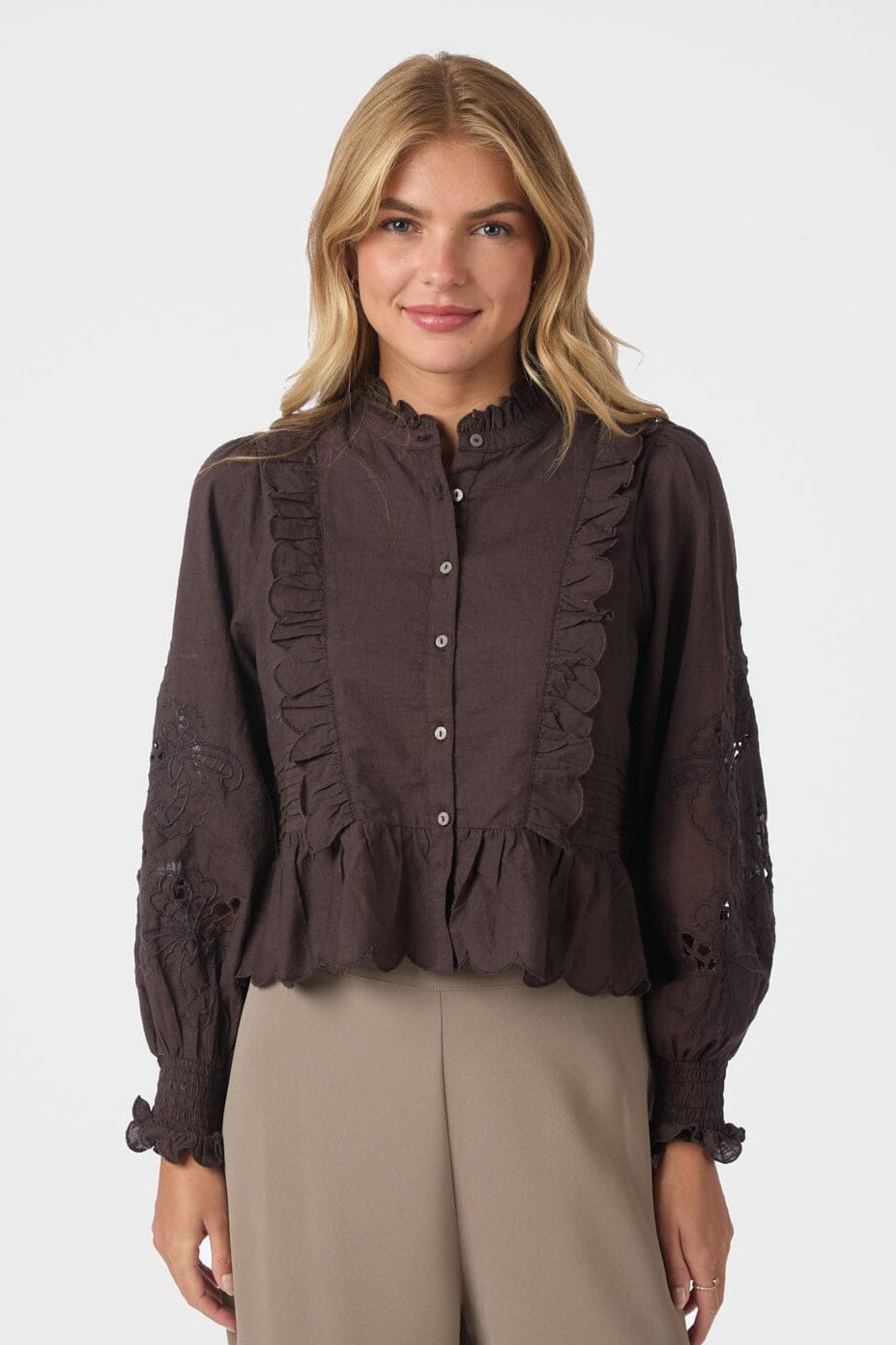 Neo Noir - Petrine Embroidery Blouse 161136 - 676 - Dark Brown
