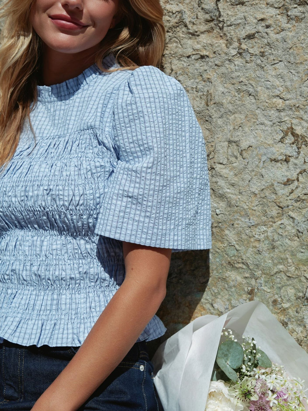 Neo Noir - Possini Check Smock Blouse 164800 - 145 - Light Blue Bluser 
