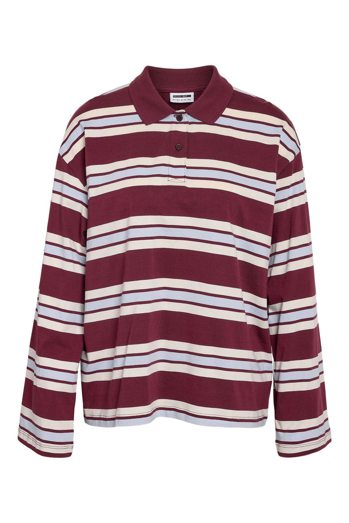 Noisy May - Nmaura L/S Striped Polo Shirt - 4828919 Windsor Wine Cashmere/Birch