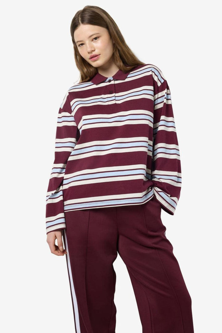 Noisy May - Nmaura L/S Striped Polo Shirt - 4828919 Windsor Wine Cashmere/Birch