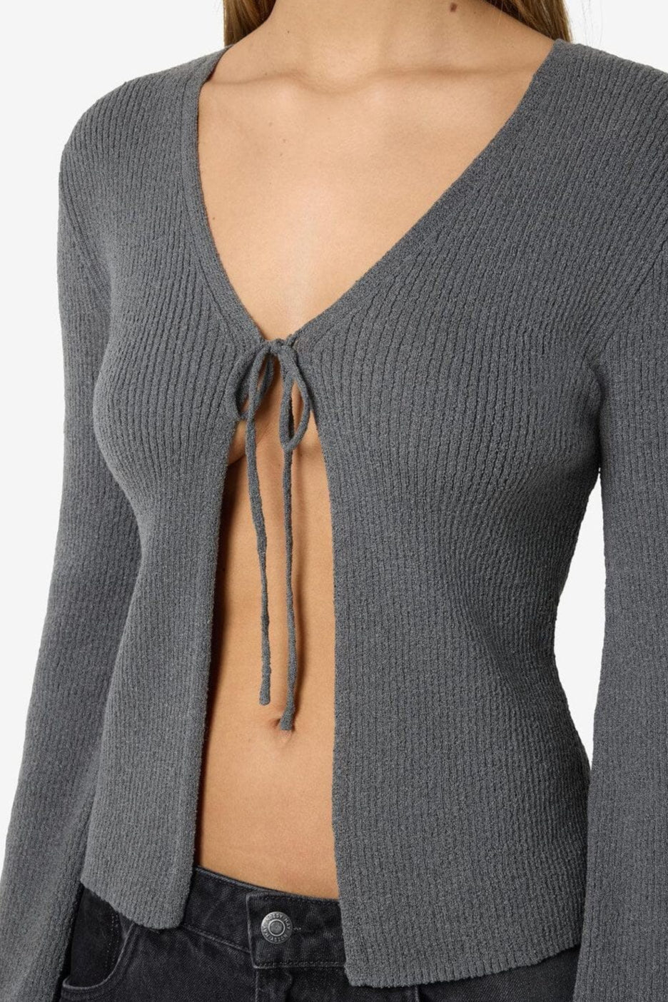 Noisy May - Nmaylin L/S Tie Knit Cardigan Dd - 4803686 Charcoal Gray