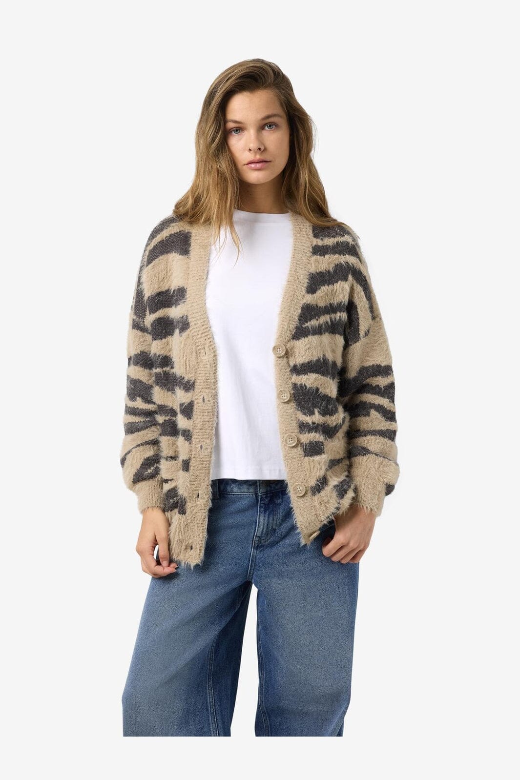 Noisy May - Nmflynn L/S V-Neck Knit Cardigan - 4801919 Aluminum Obsidian Zebra