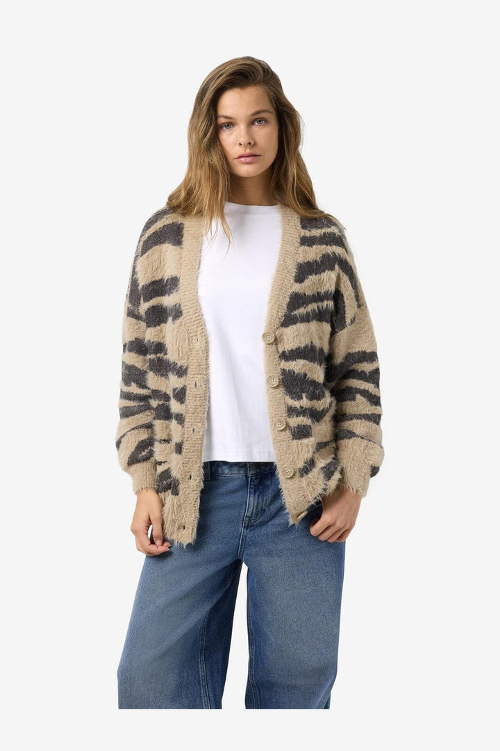 Noisy May - Nmflynn L/S V-Neck Knit Cardigan - 4801919 Aluminum Obsidian Zebra