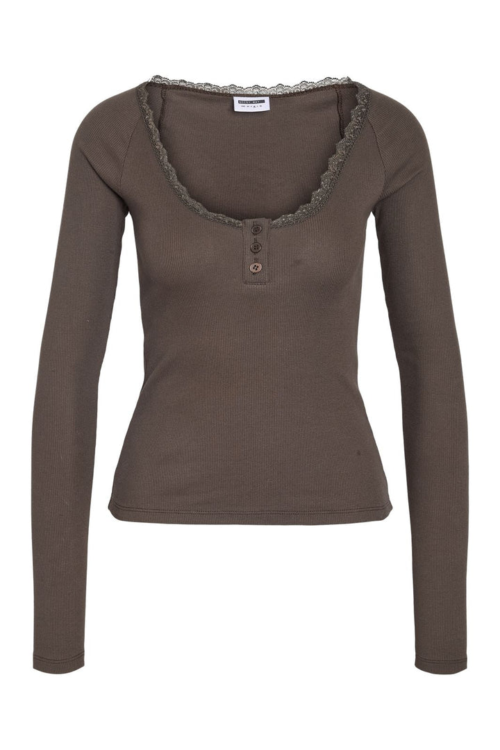 Noisy May - Nmmaya L/S Lace Henley Top - 5048370 Chocolate Brown