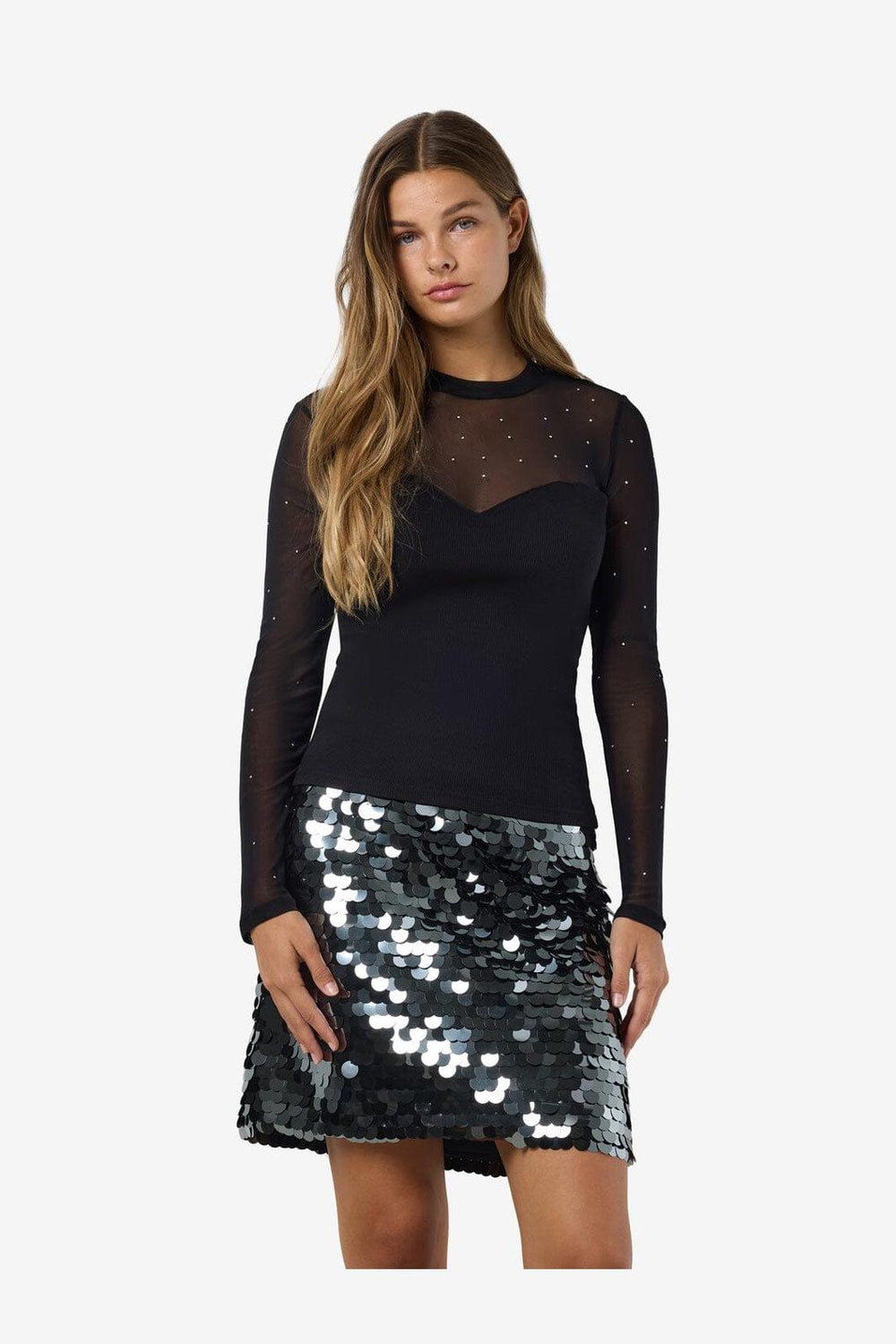 Noisy May - Nmmaya L/S Mix Detail Top - 4652883 Black Stud Mesh W. Stones