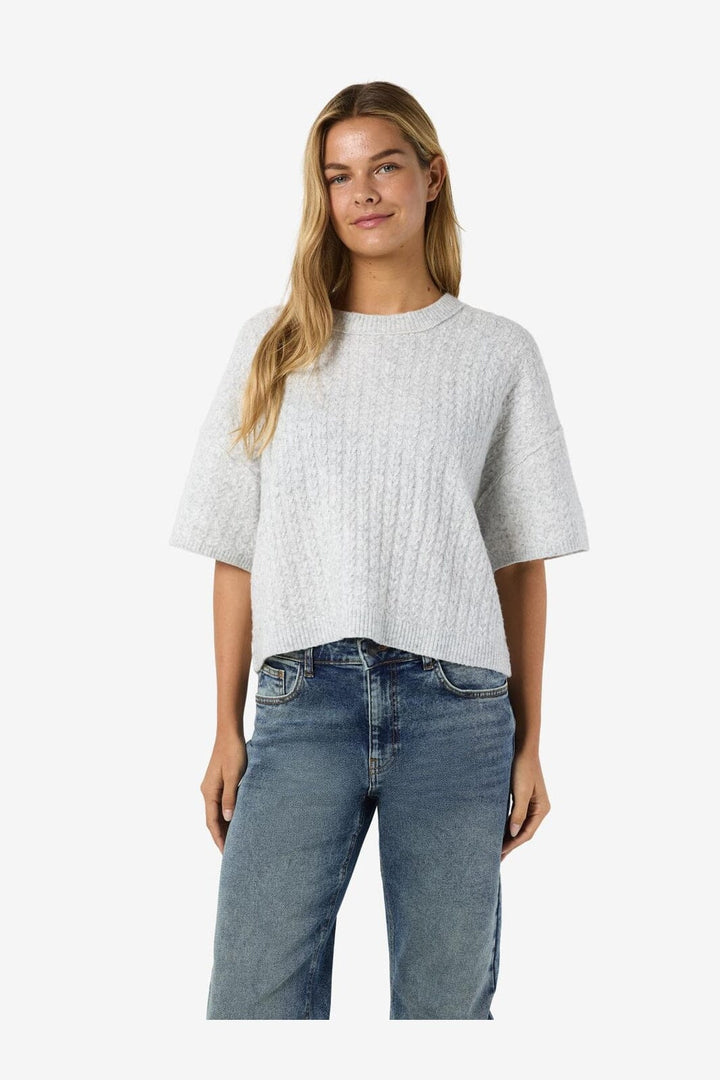 Noisy May - Nmsmilla S/S Cable Knit Top - 4923869 Light Grey Melange