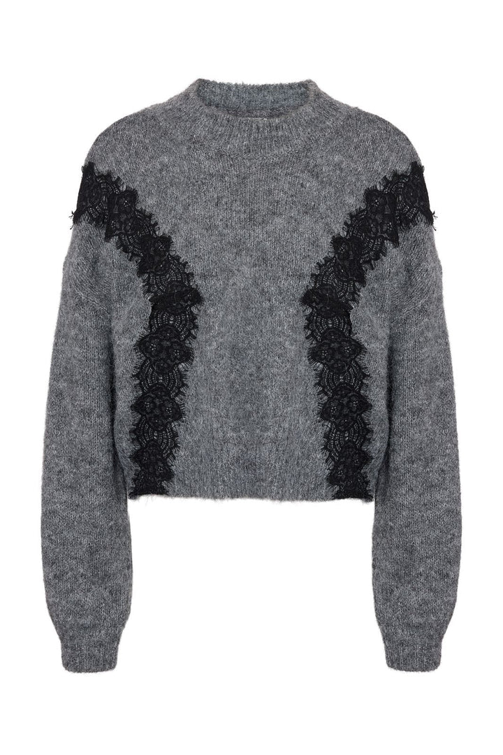Noisy May - Nmsutton L/S O-Neck Lace Knit Fwd - 4986587 Dark Grey Melange Lace