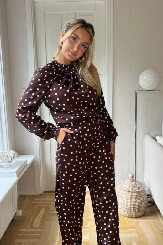 Noisy May x Molly&My - Nmbambi L/S Satin Highneck Top - 5070527 Chocolate Brown White Polka Dots Bluser 