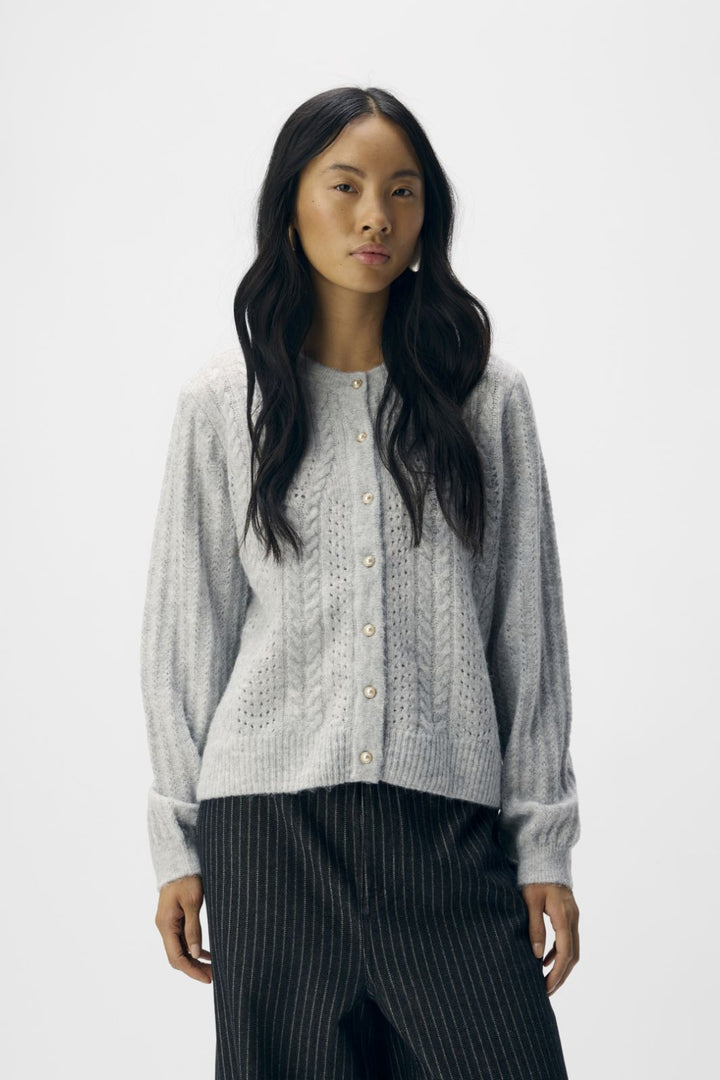 Object - Objflora Re Ls Knit Button Cardigan - 4789037 Light Grey Melange Cardigans 