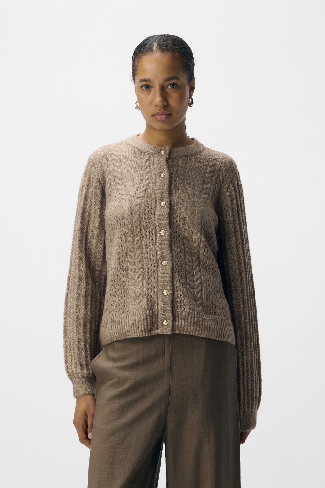 Object - Objflora Re Ls Knit Button Cardigan - 4861173 Desert Taupe Melange Cardigans 