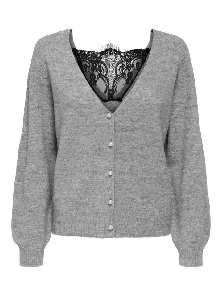 Only - Onladele Ls Lace Mix Revers Cardi Cc Knt - 4776453 Light Grey Melange Black Lace Cardigans 