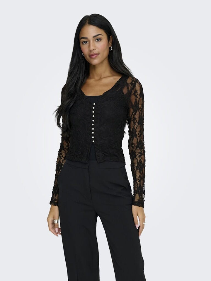 Only - Onlalba L/S V-Neck Lace Top - 4957011 Black Bluser 