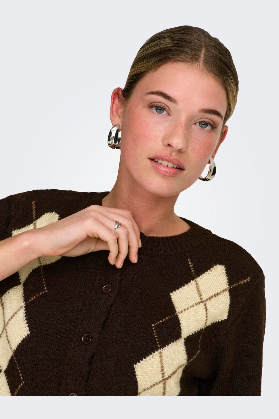Only - Onlarzi 2/4 Jaq O-Neck Cardigan Knt - 5103942 Coffee Bean Harlequin/Birch/Walnut/Dtm Button