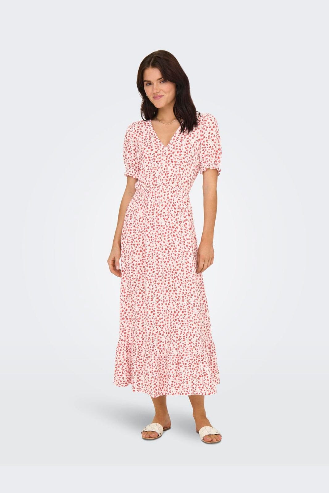 Only - Onlchianti S/S Long Dress - 4792683 Cloud Dancer Red Lucy Flower