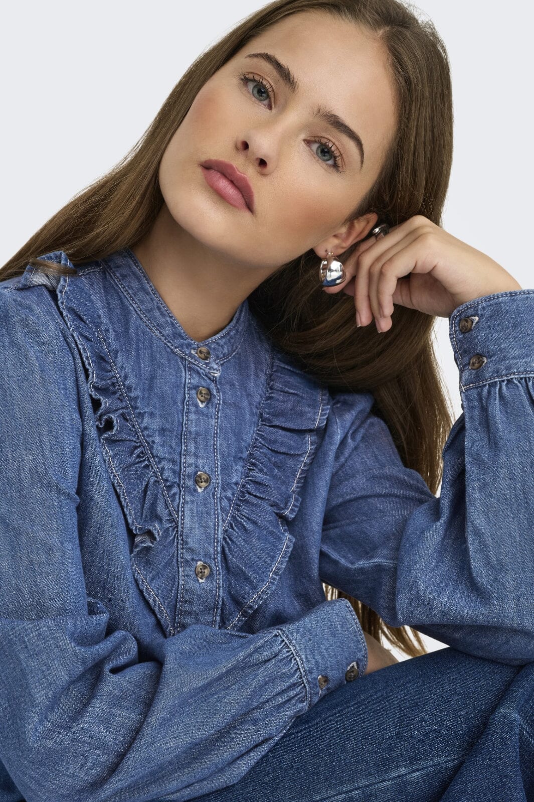 Only - Onldasha-Sevigny L/S Frill Shirt Akm - 4803471 Medium Blue Denim