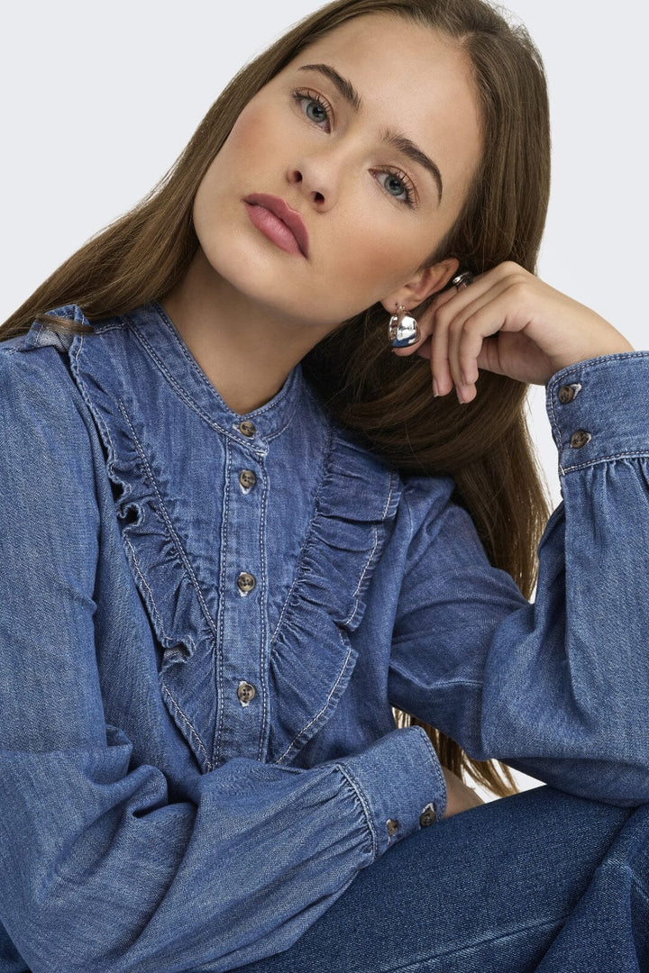 Only - Onldasha-Sevigny L/S Frill Shirt Akm - 4803471 Medium Blue Denim