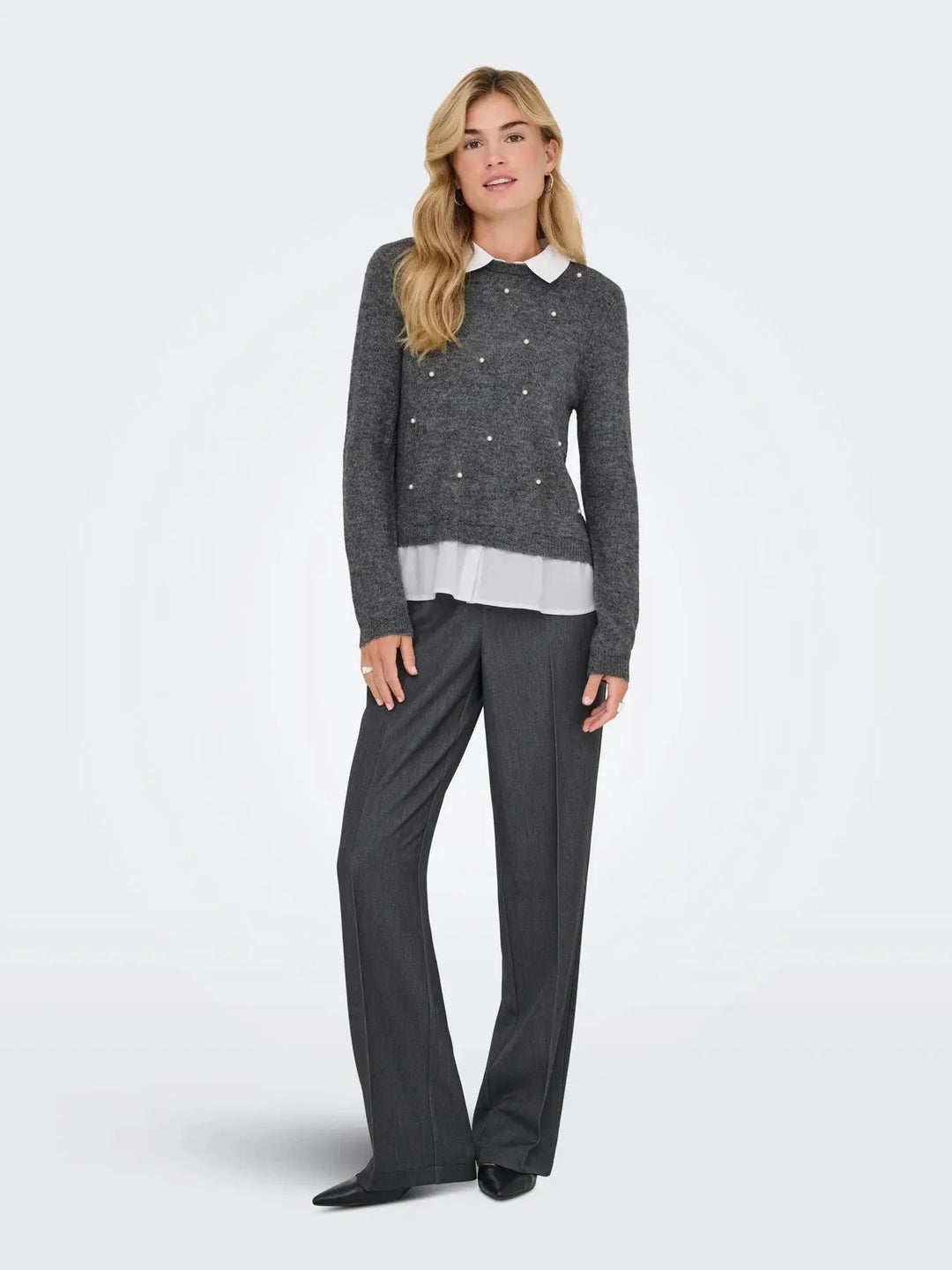 Only - Onldolly Ls Woven Mix Pearl Pull Cc Knt - 4807293 Medium Grey Melange W. Cloud Dancer Woven Mix Strikbluser 