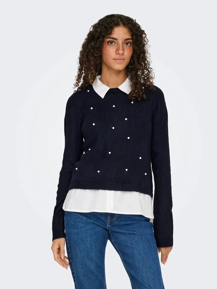 Only - Onldolly Ls Woven Mix Pearl Pull Cc Knt - 4854038 Night Sky W. Cloud Dancer Woven Mix Strikbluser 