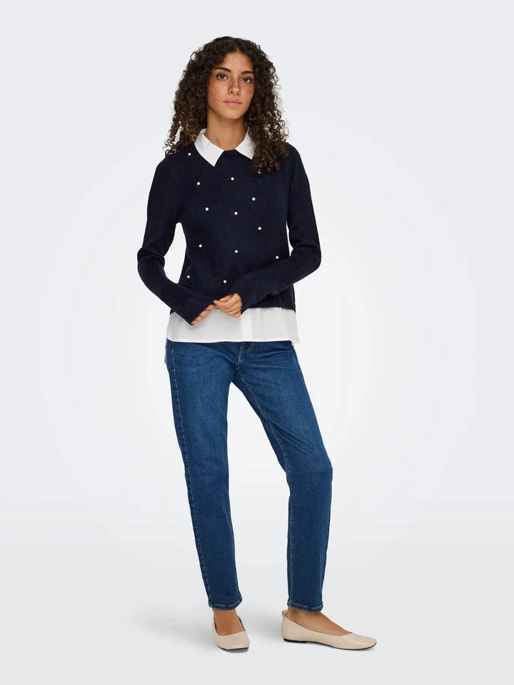 Only - Onldolly Ls Woven Mix Pearl Pull Cc Knt - 4854038 Night Sky W. Cloud Dancer Woven Mix Strikbluser 