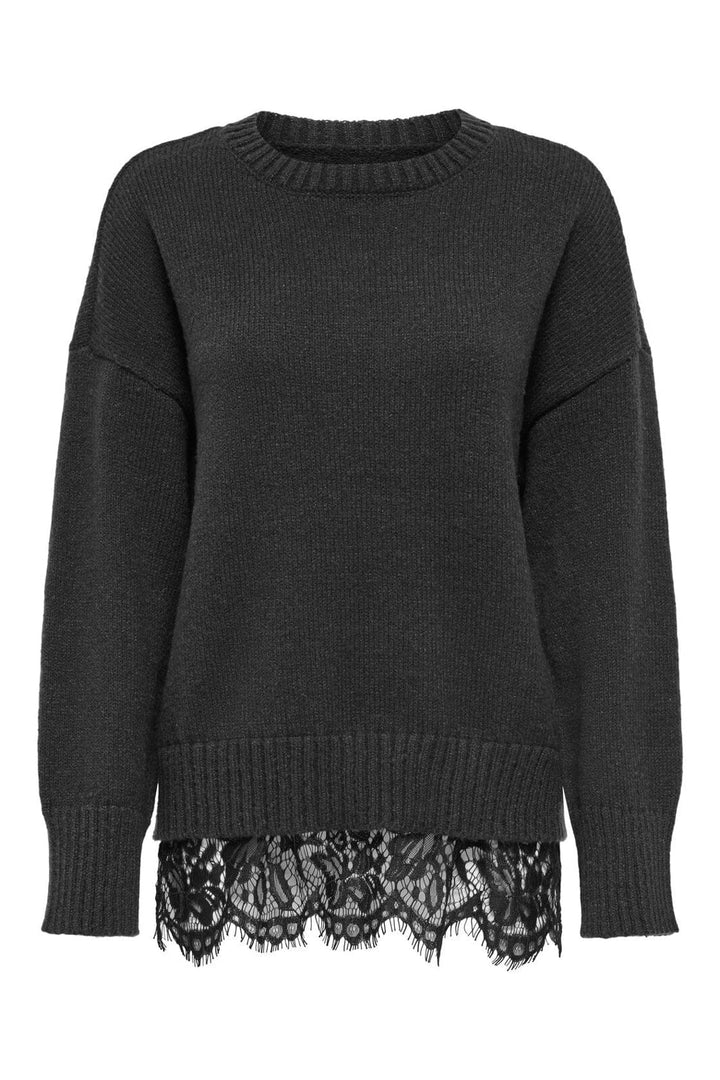 Only - Onlevie Ls Lace Mix O-Neck Knt - 5157343 Dark Grey Melange Black Lace