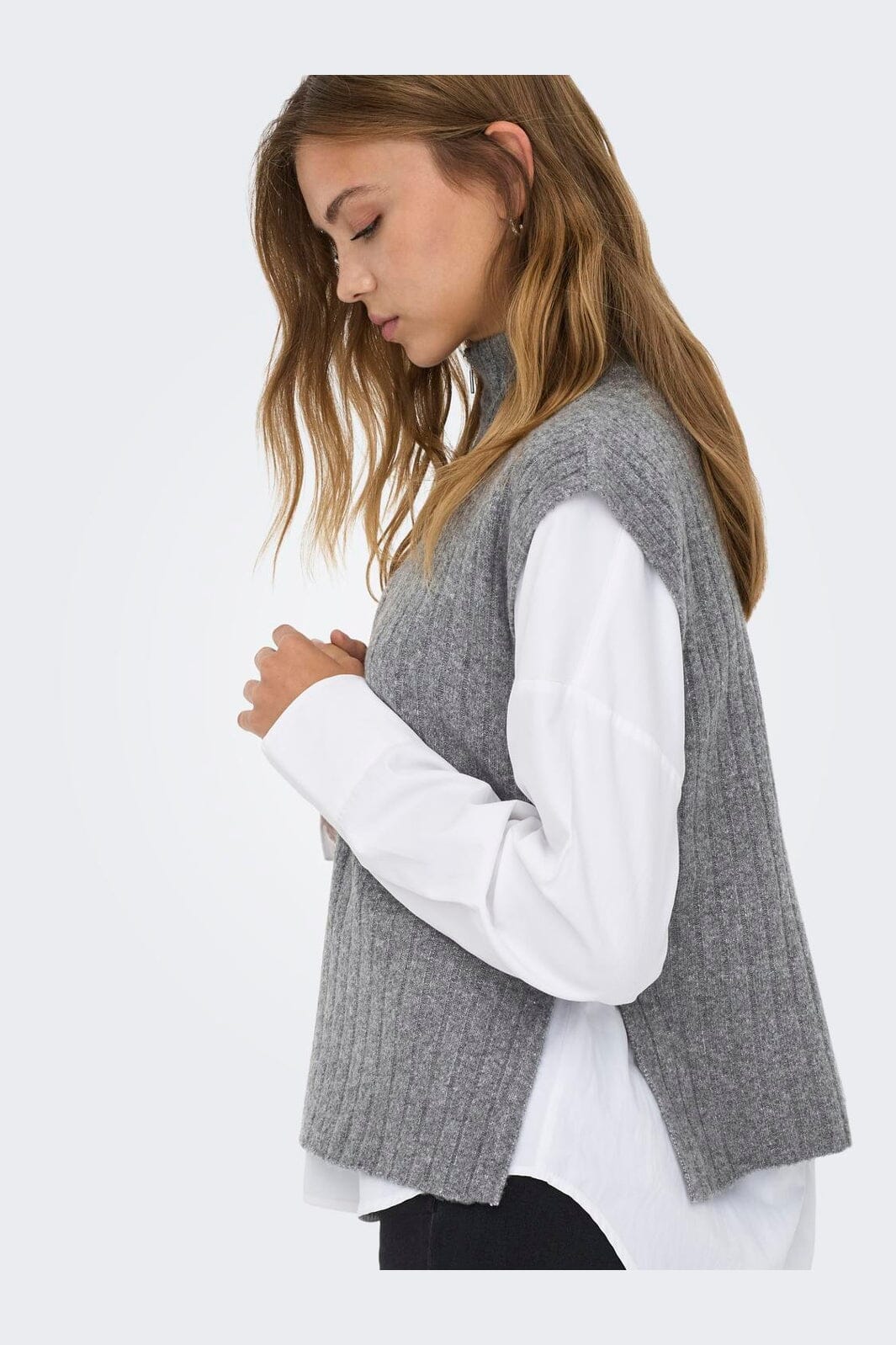 Only - Onljeanett Life Sl Rib Highneck Knt - 4879359 Medium Grey Melange