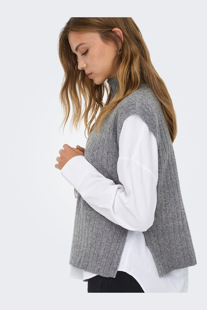 Only - Onljeanett Life Sl Rib Highneck Knt - 4879359 Medium Grey Melange