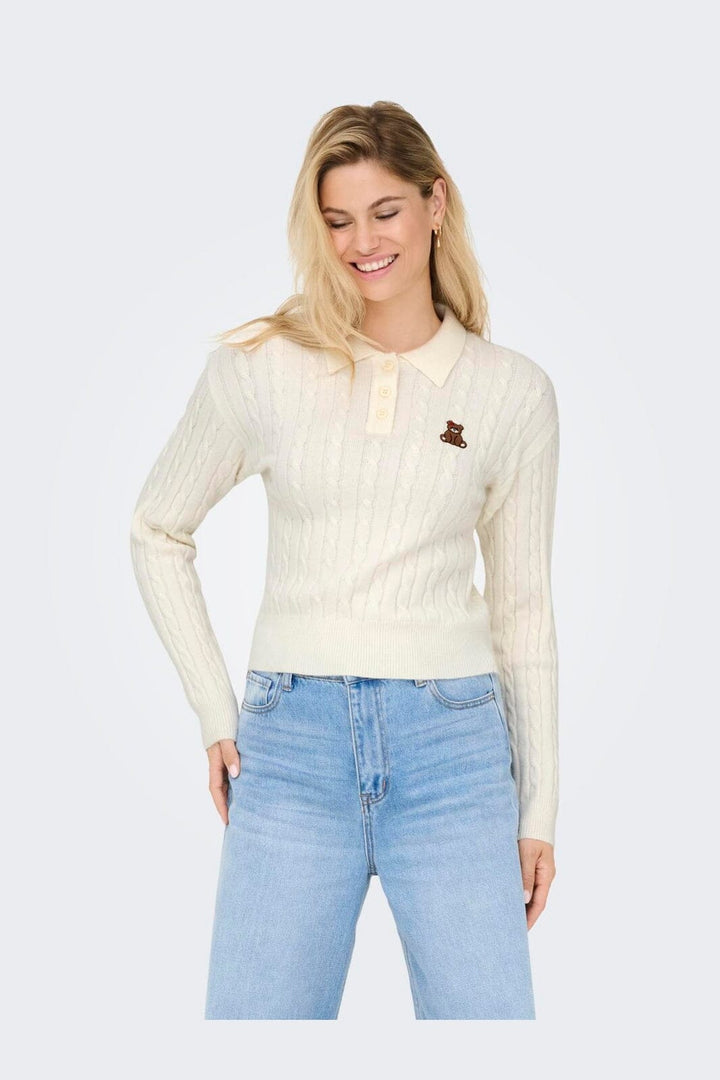 Only - Onlkatia Ls Cable Polo Cc Knt - 4957867 Baby'S Breath Teddy Emb/Dtm Button