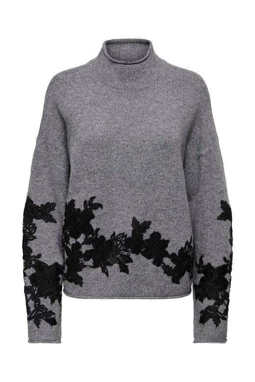 Only - Onllisa Ls Highneck Detail Knt - 4948887 Medium Grey Melange Black Embroidery