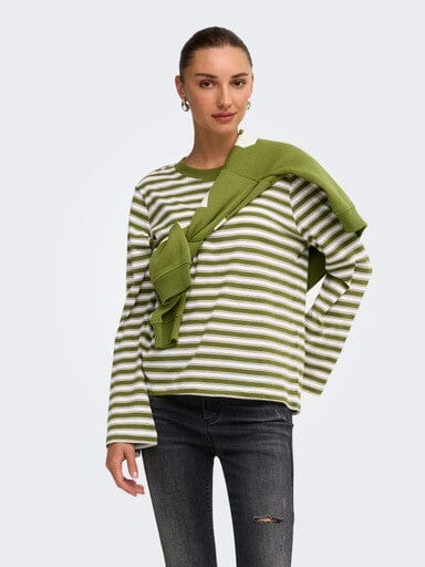 Only - Onlluna Happy L/S O-Neck Stripe Tee - 5163545 Avocado Potting Soil / Cloud Dancer (Met) T-shirts 