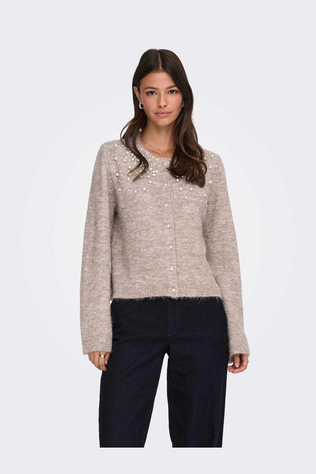 Only - Onlmiggie Ls O-Neck Pearl Cardi Knt - 5039863 Malt Ball Melange/Fmop