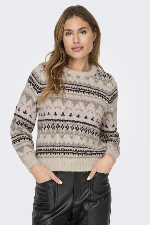 Only - Onlmontana L/S Life O-Neck Cc Knt - 4506230 Whitecap Gray Chocolate Torte/Silver Mink/Fairy Tale Strikbluser 