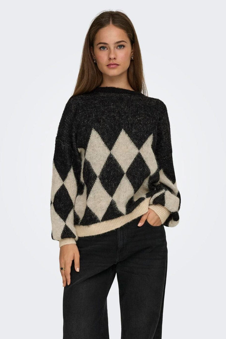 Only - Onlnoeme Life Ls Jq O-Neck Nca Knt - 4895268 Black Biscotti/Melange/Harlekin