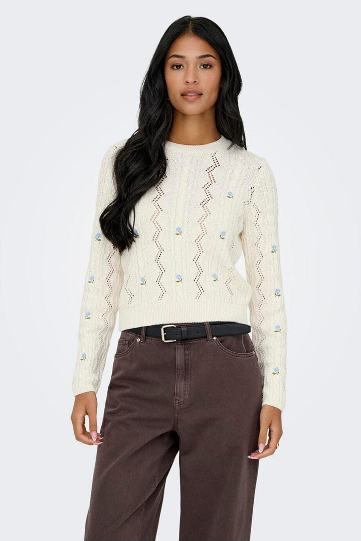 Only - Onlrita Life Ls Embr Cable Knt - 4862606 Ecru Cashmere Blue Flower