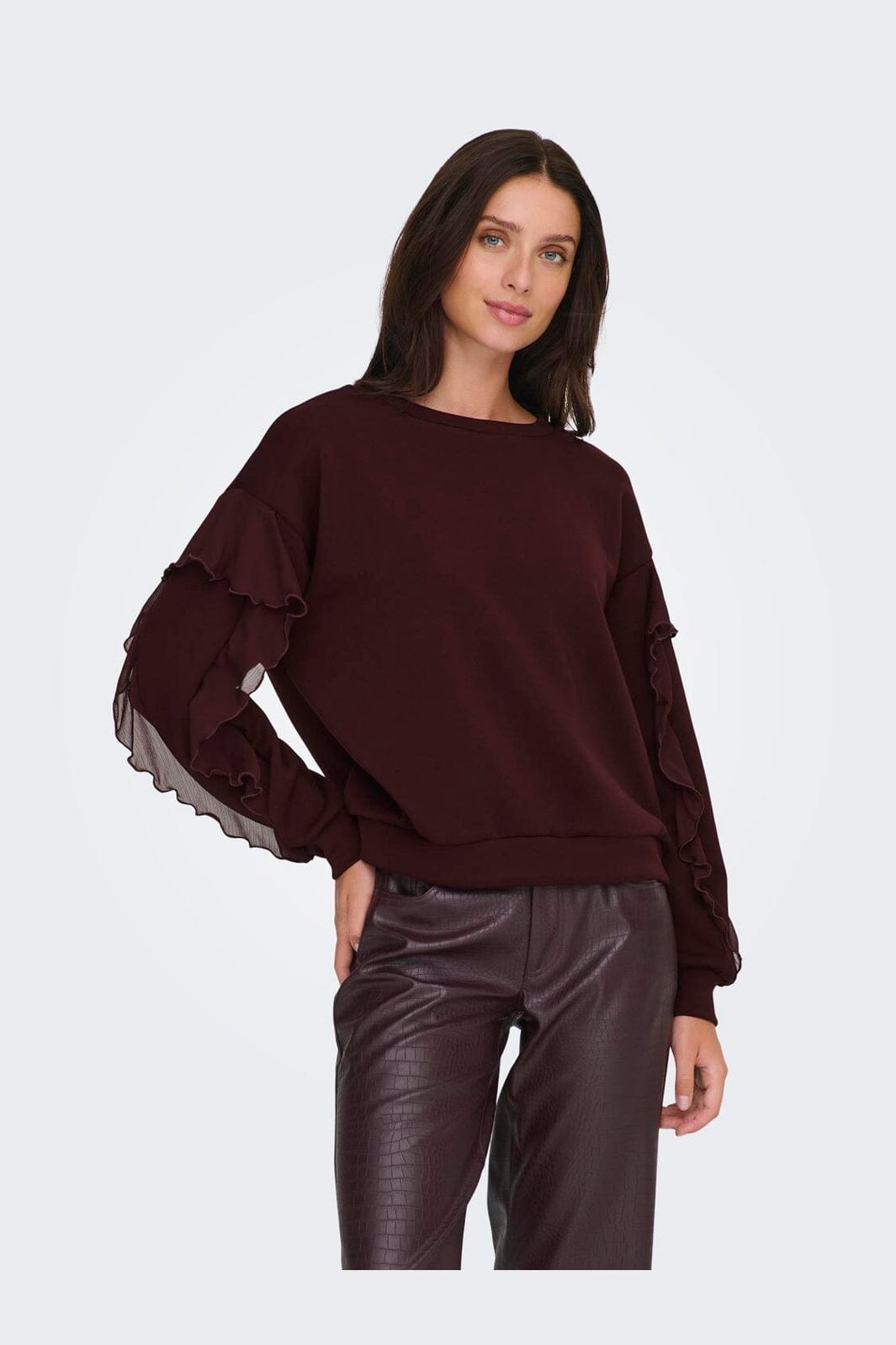 Only - Onlscarlet L/S Flounce Swt - 4910454 Decadent Chocolate
