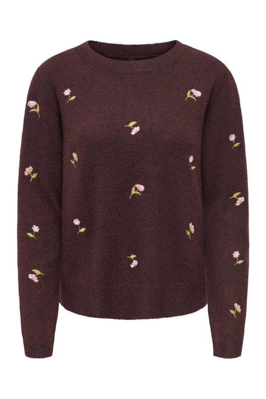 Only - Onlshine Ls Embroidery O-Neck Cc Knt - 5100611 Fudge Mel/Flower Body/Beech/Pale L/Birch