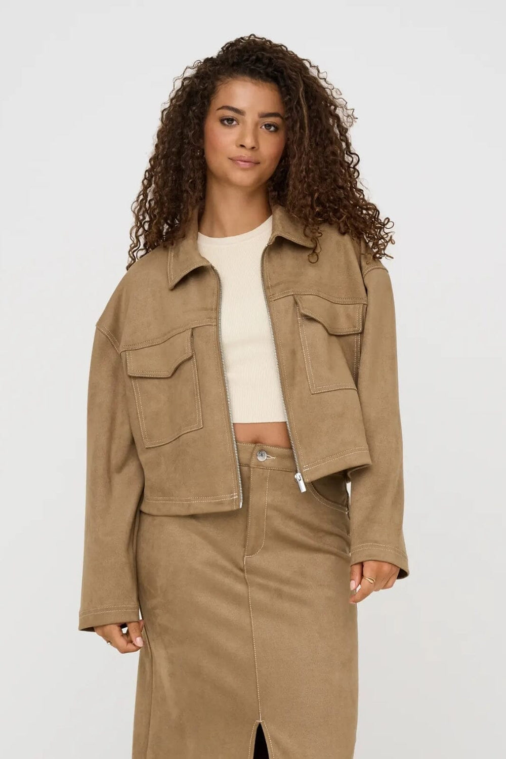 Only - Onlstina Life Faux Suede Jacket Cc - 4786471 Cocoa Créme W Contrast Stitch