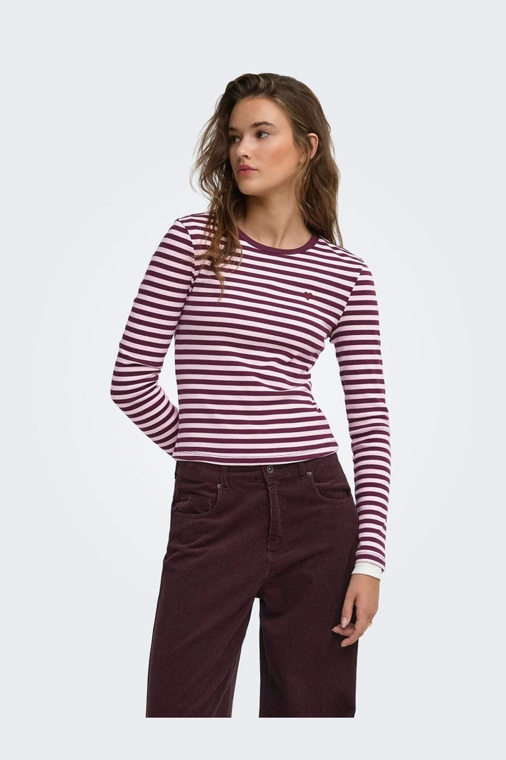 Only - Onlval L/S O-Neck Stripe Top - 5084119 Fig Pale Lilac (Mette) + Emb. Heart