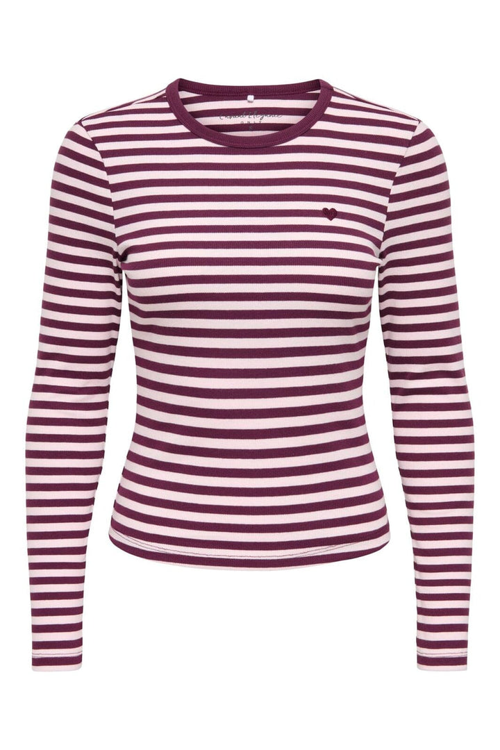 Only - Onlval L/S O-Neck Stripe Top - 5084119 Fig Pale Lilac (Mette) + Emb. Heart