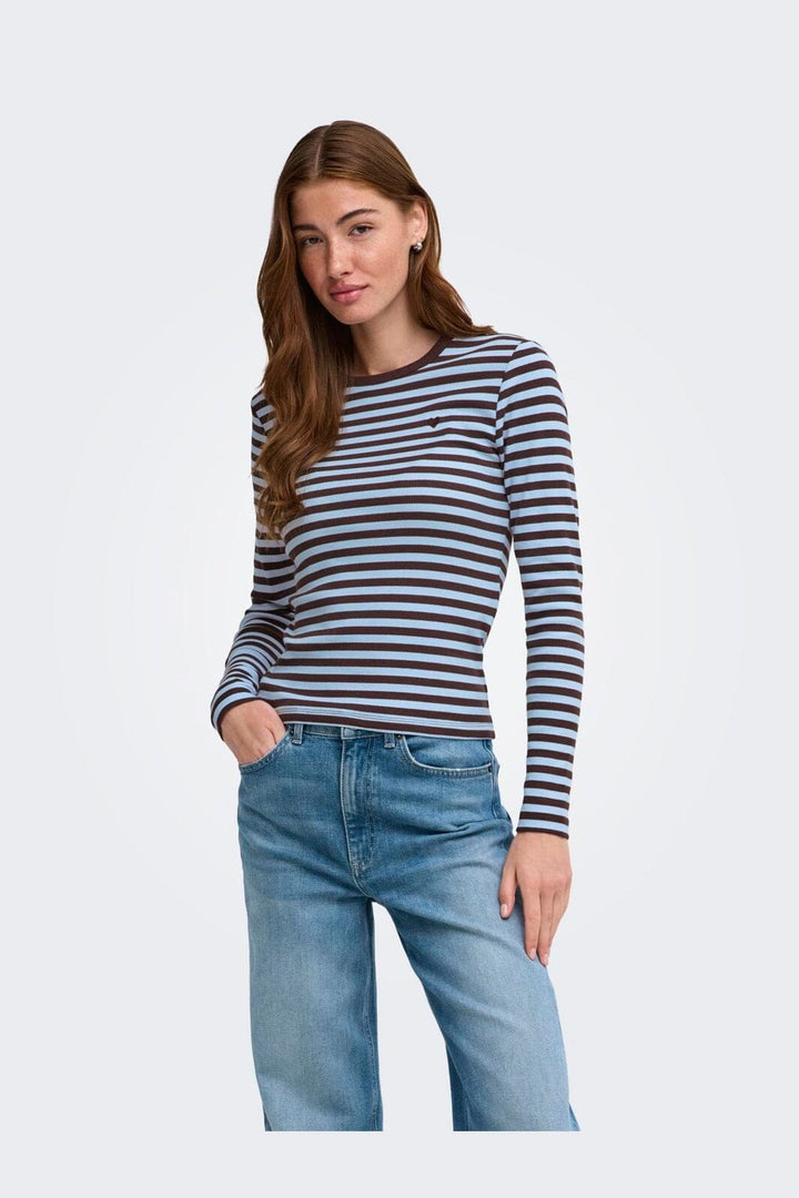 Only - Onlval L/S O-Neck Stripe Top - 5155543 Coffee Bean Cashmereblue (Mette) + Emb. Heart
