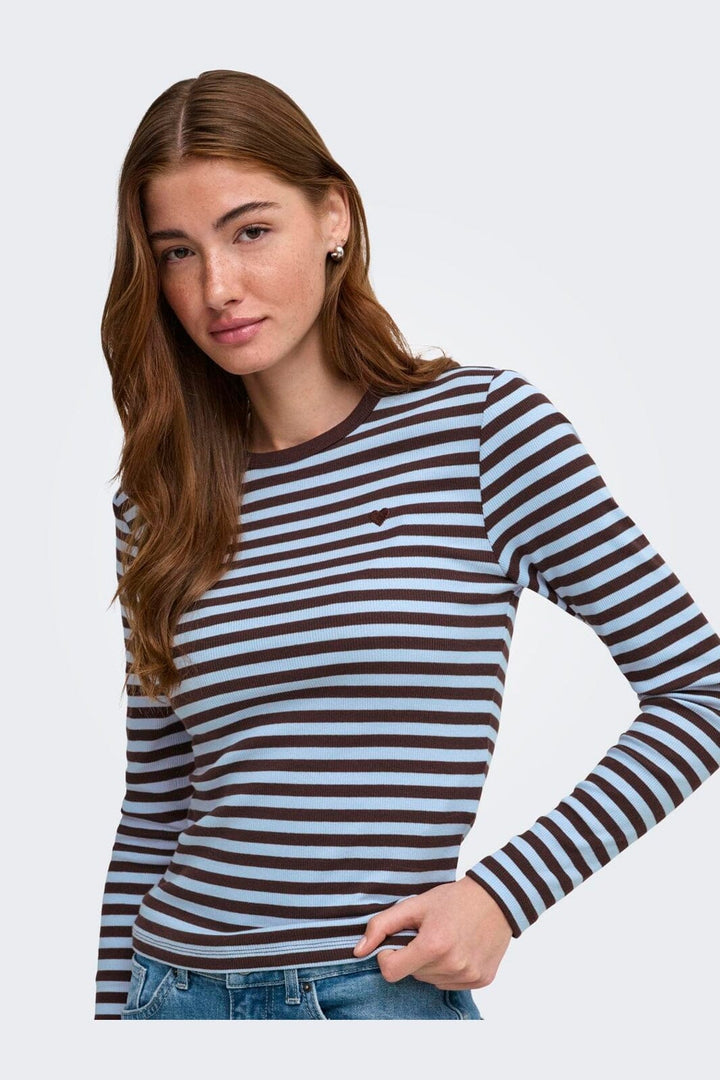 Only - Onlval L/S O-Neck Stripe Top - 5155543 Coffee Bean Cashmereblue (Mette) + Emb. Heart