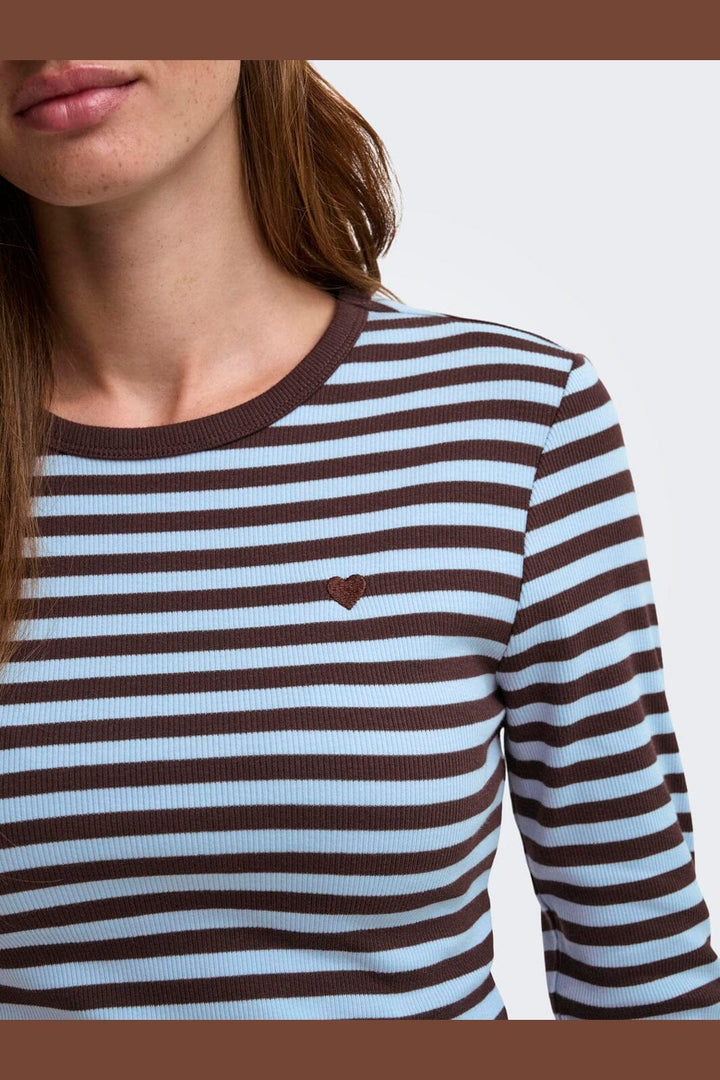 Only - Onlval L/S O-Neck Stripe Top - 5155543 Coffee Bean Cashmereblue (Mette) + Emb. Heart