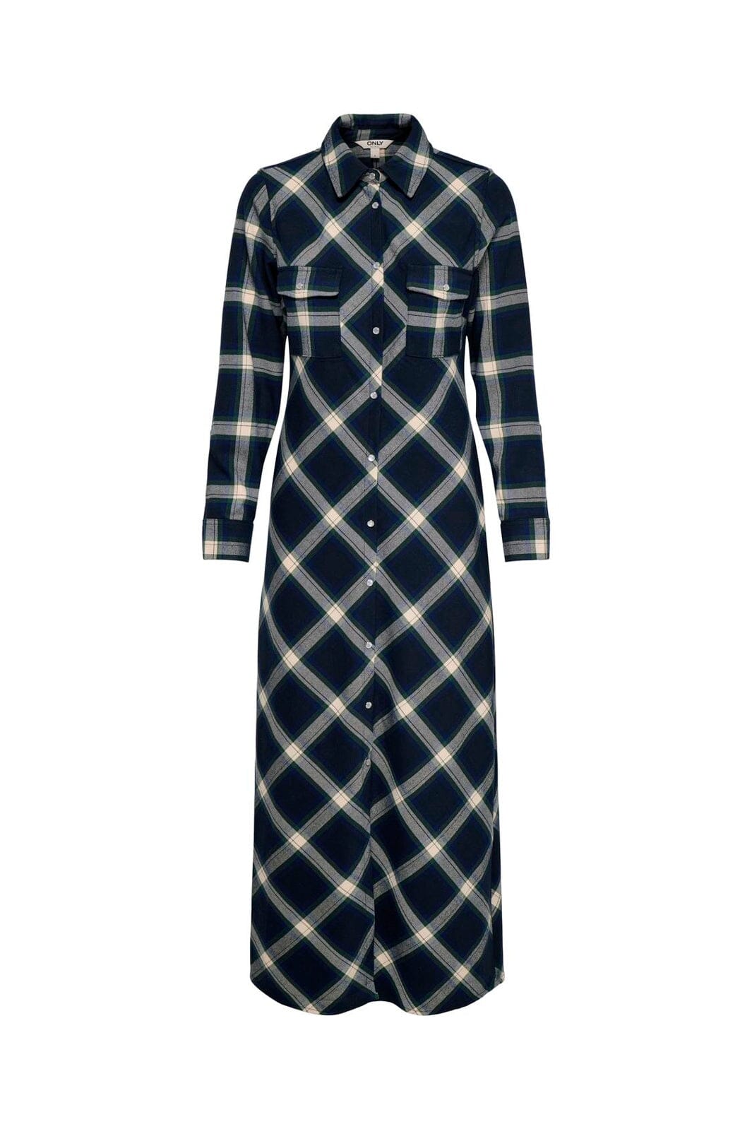 Only - Onlwren Check L/S Long Shirt Dress - 4970169 Night Sky Checked Fusion