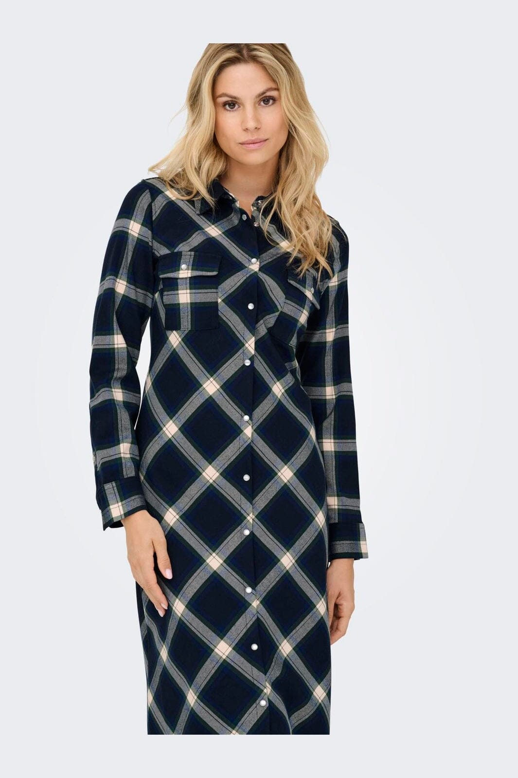 Only - Onlwren Check L/S Long Shirt Dress - 4970169 Night Sky Checked Fusion