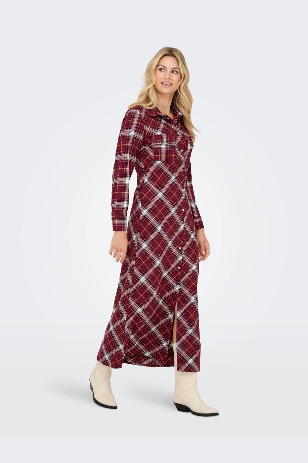 Only - Onlwren Check L/S Long Shirt Dress - 4970170 Syrah Checked Pulse