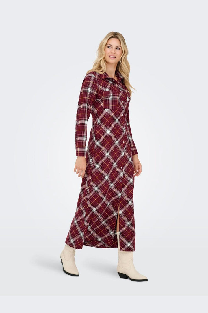 Only - Onlwren Check L/S Long Shirt Dress - 4970170 Syrah Checked Pulse